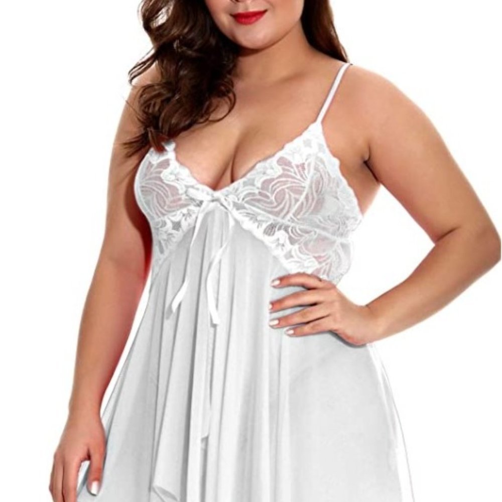 Women's White Plus Size Lace Floral Chemise Babydoll Thong Panty Lingerie Set